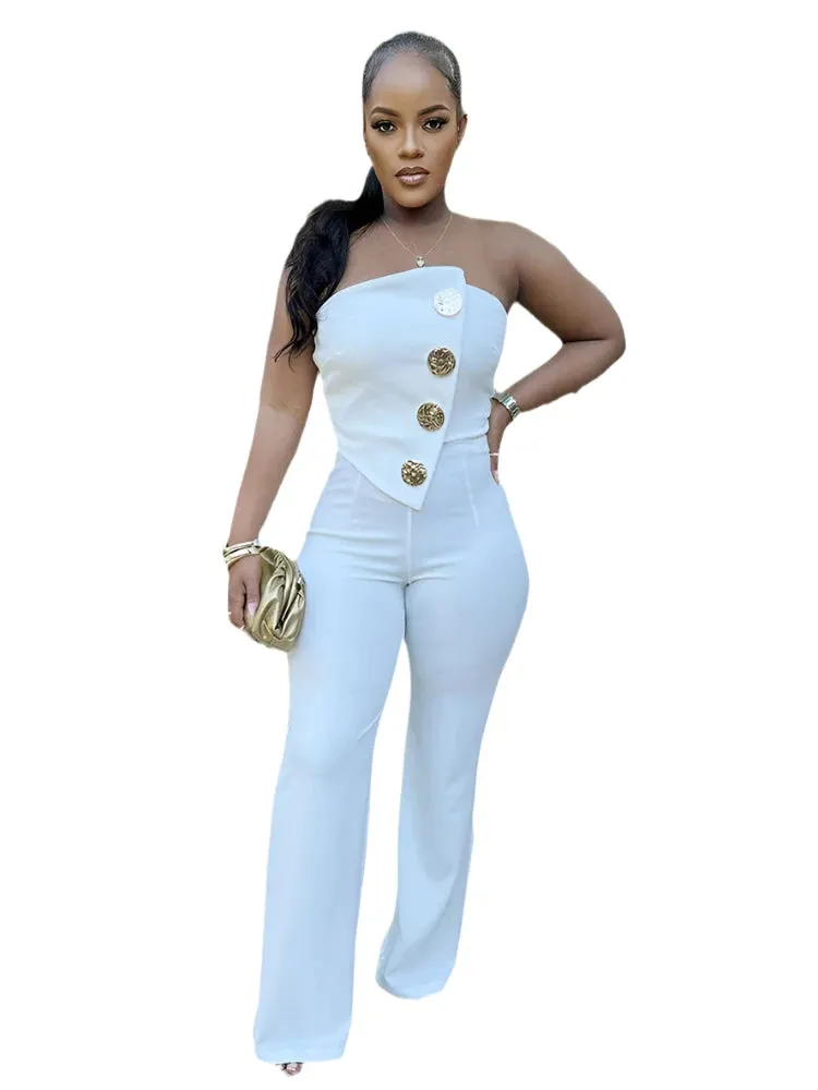 Sexy Strapless Yellow Wide-Leg Jumpsuit - Button-Down Stretch Romper for Women, Birthday & Streetwear Style