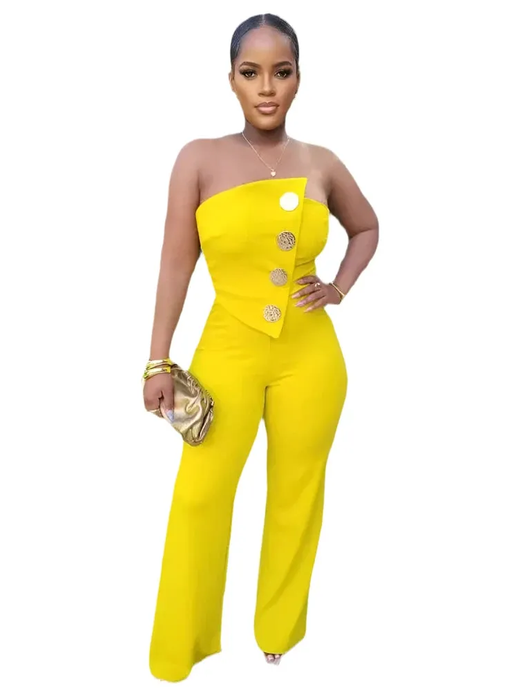Sexy Strapless Yellow Wide-Leg Jumpsuit - Button-Down Stretch Romper for Women, Birthday & Streetwear Style