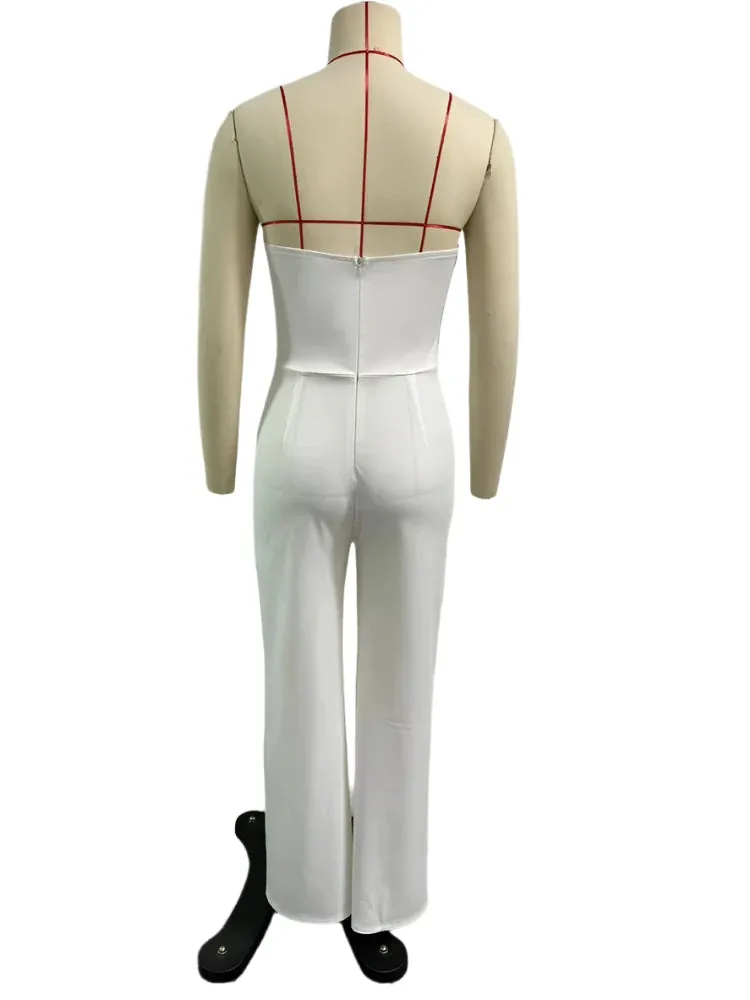 Sexy Strapless Yellow Wide-Leg Jumpsuit - Button-Down Stretch Romper for Women, Birthday & Streetwear Style