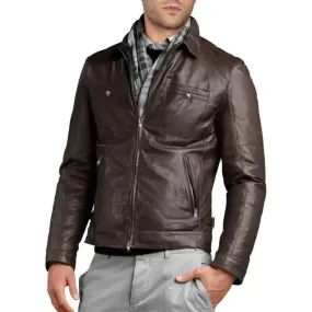 Soft Stylish Men's Genuine Lambskin Dark Brown Leather Jacket