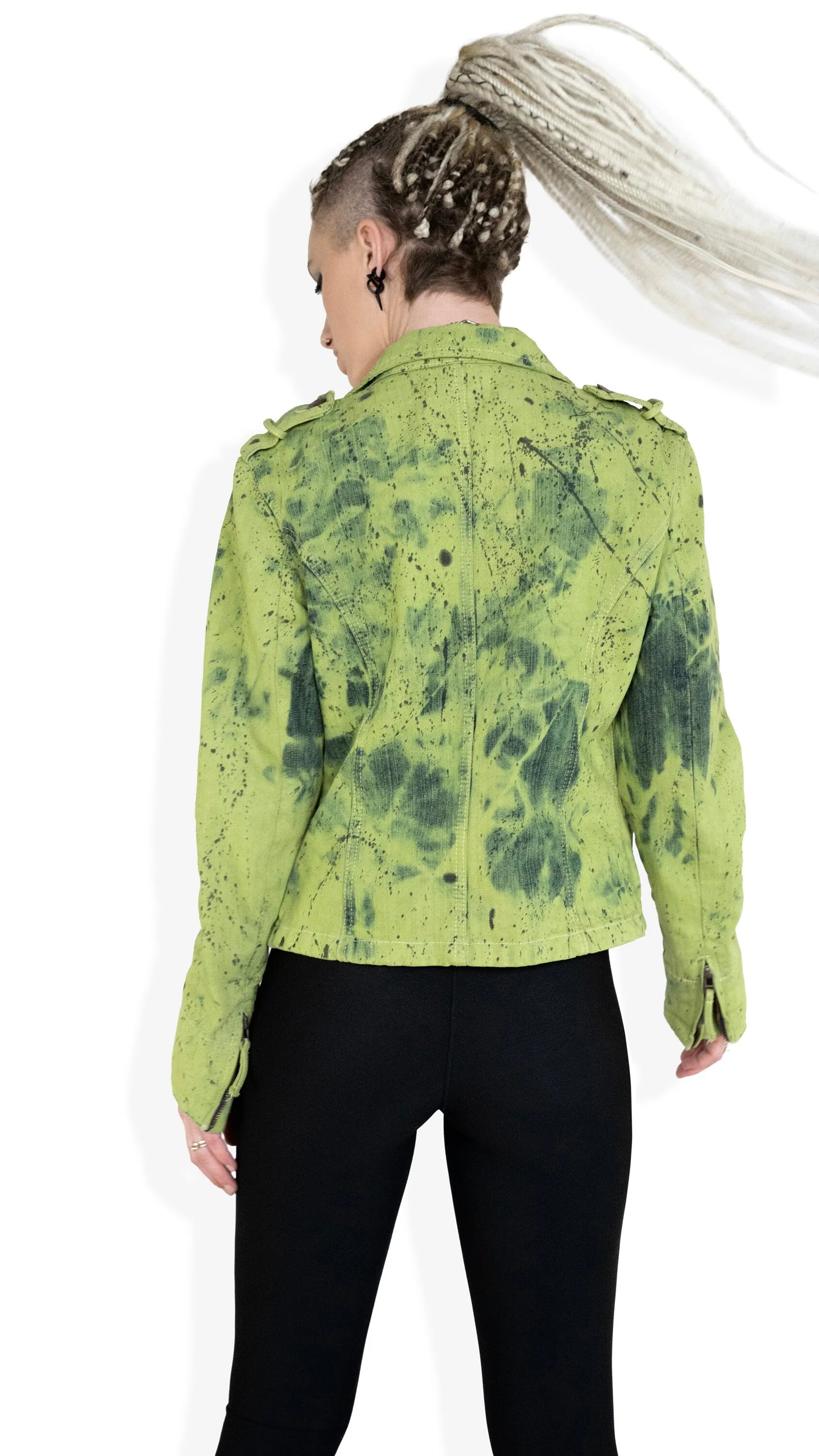splatter green denim military style jacket | size L