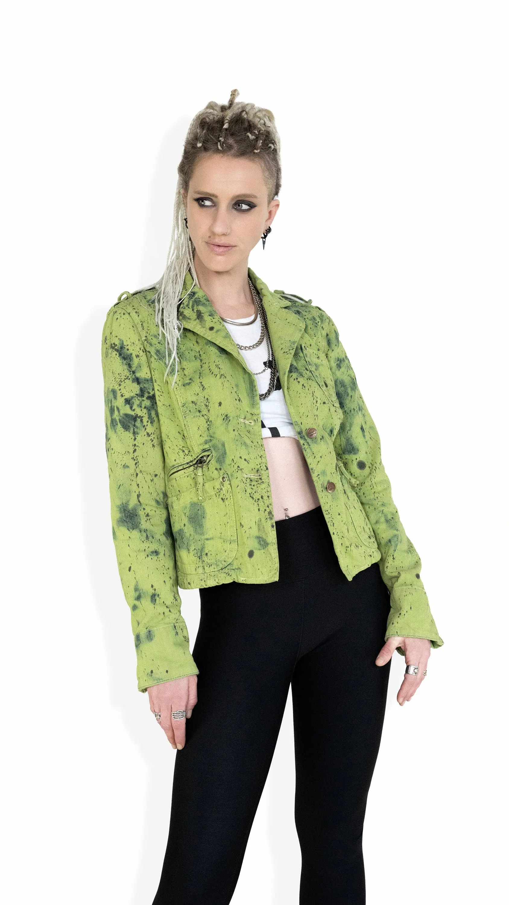 splatter green denim military style jacket | size L