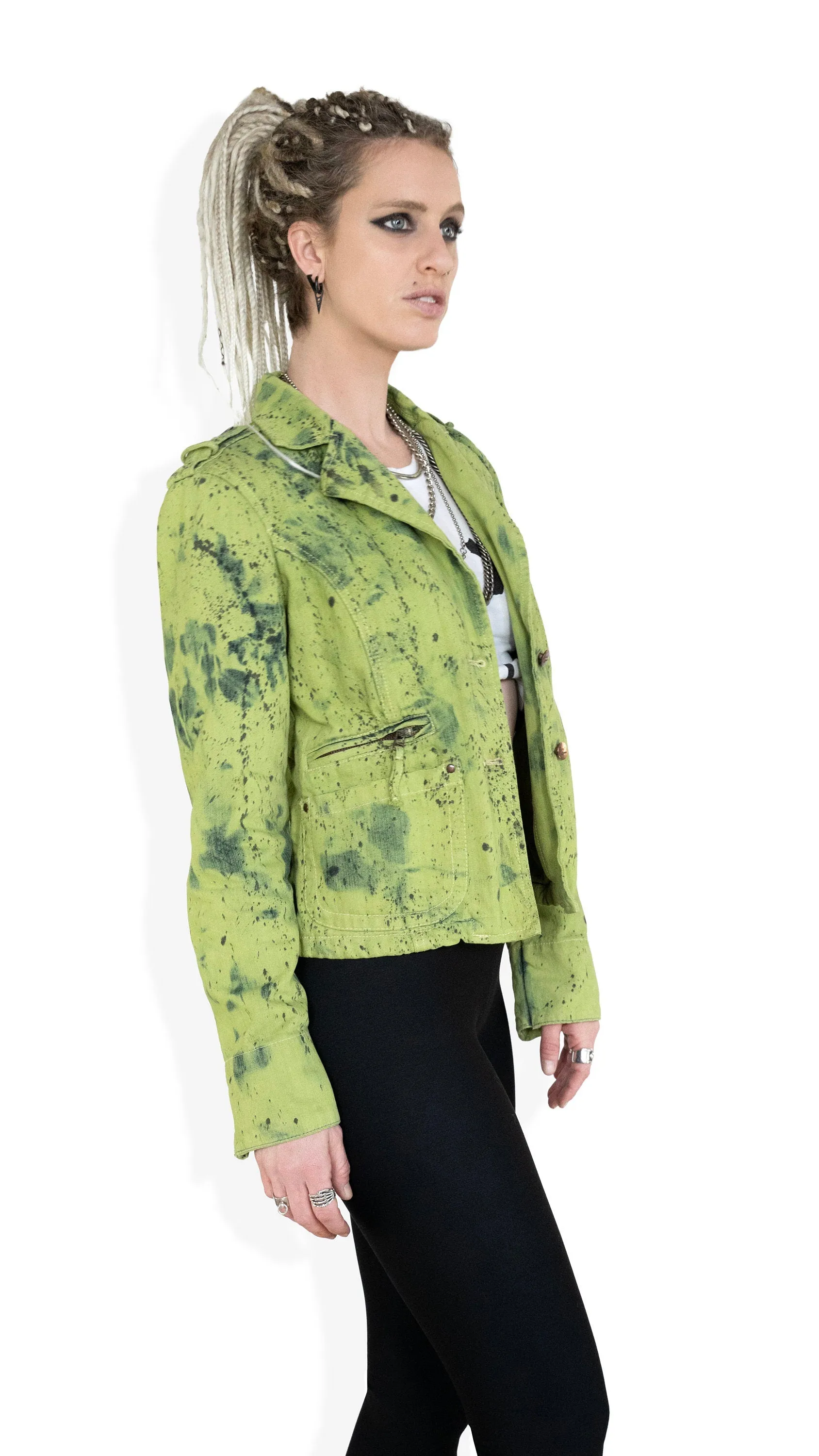 splatter green denim military style jacket | size L