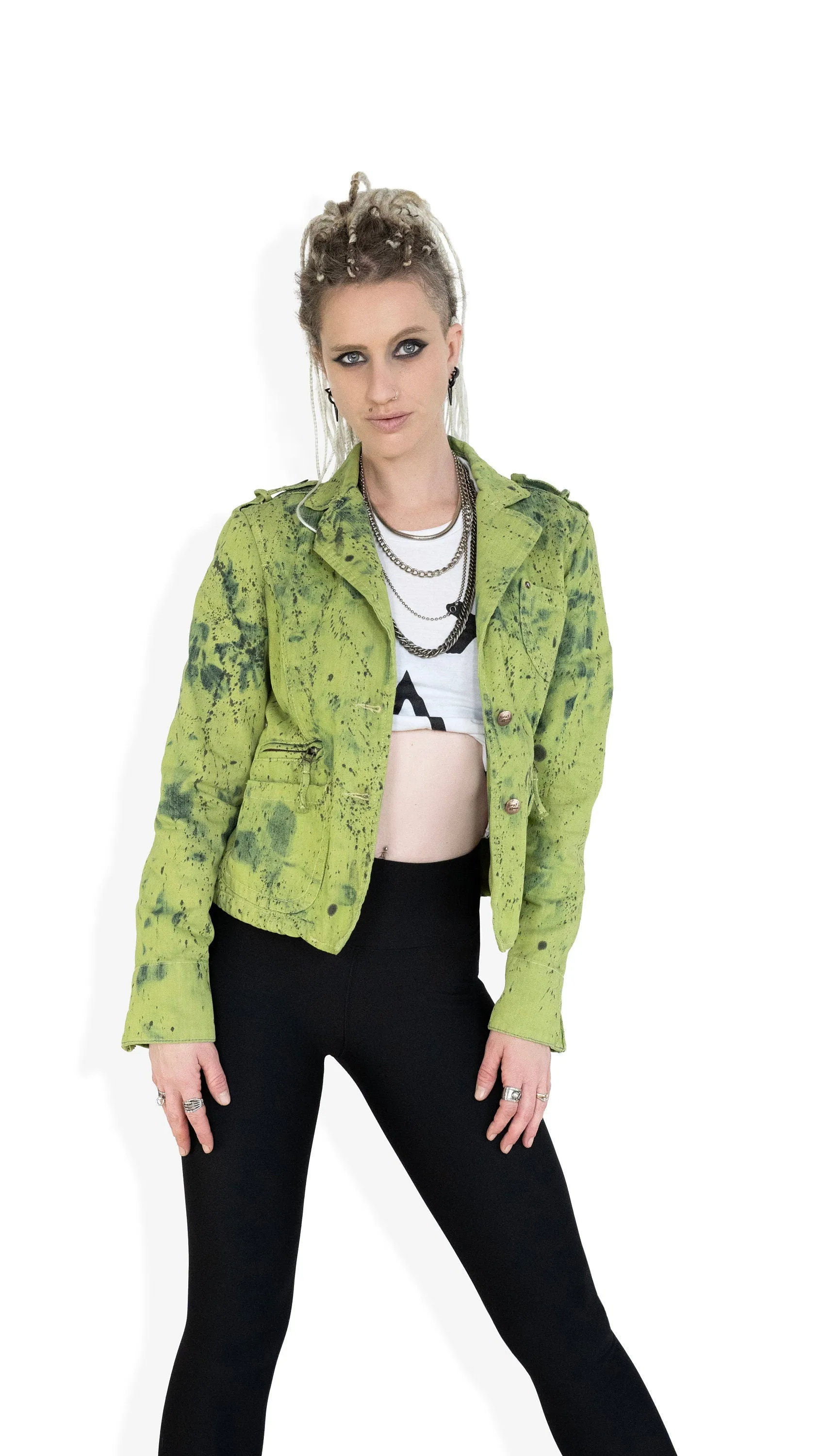 splatter green denim military style jacket | size L