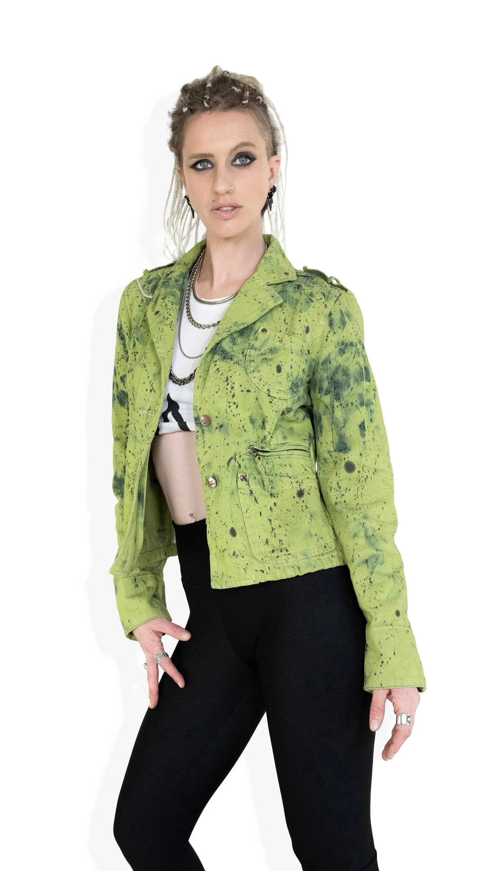 splatter green denim military style jacket | size L