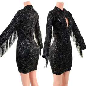 Star Noir Mini Dress with Fringed Sleeves, Keyhole, and Back Zipper