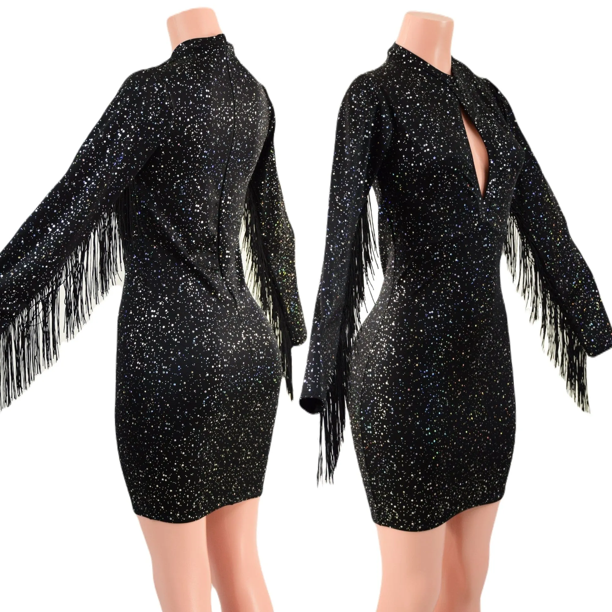 Star Noir Mini Dress with Fringed Sleeves, Keyhole, and Back Zipper