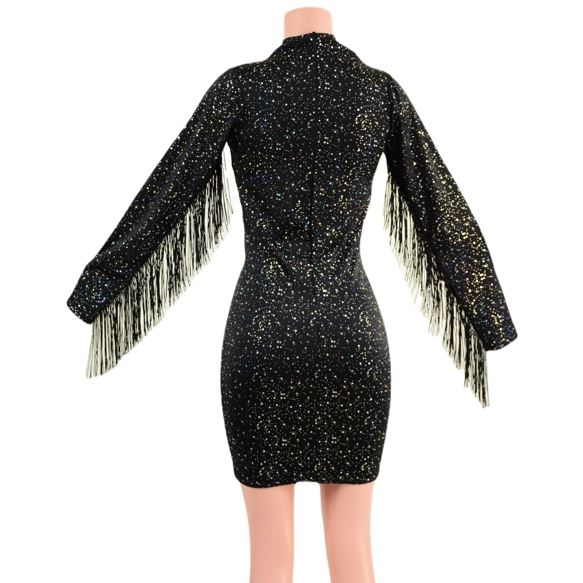 Star Noir Mini Dress with Fringed Sleeves, Keyhole, and Back Zipper