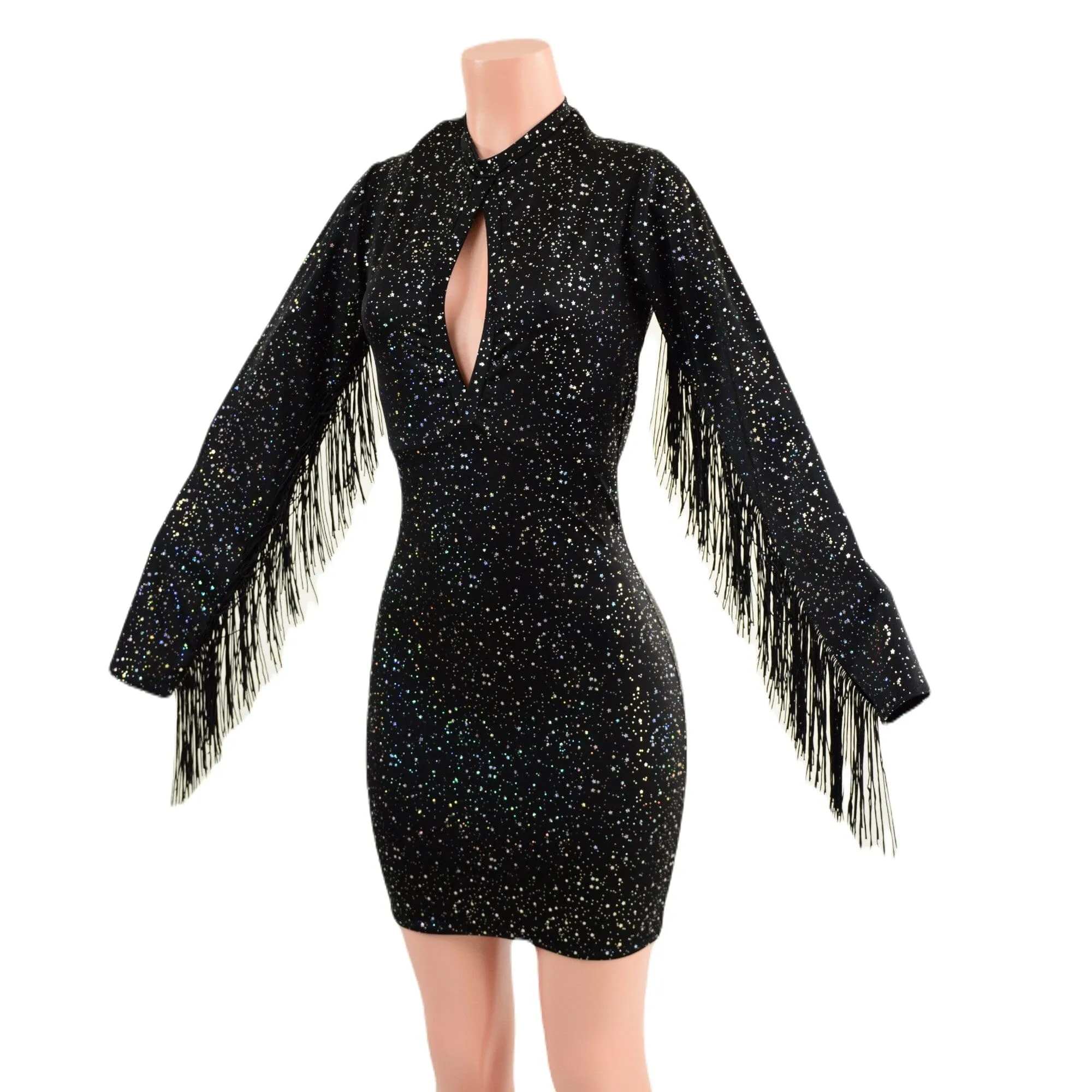 Star Noir Mini Dress with Fringed Sleeves, Keyhole, and Back Zipper