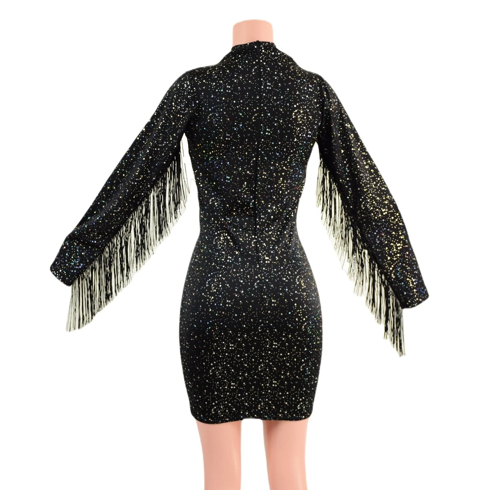 Star Noir Mini Dress with Fringed Sleeves, Keyhole, and Back Zipper