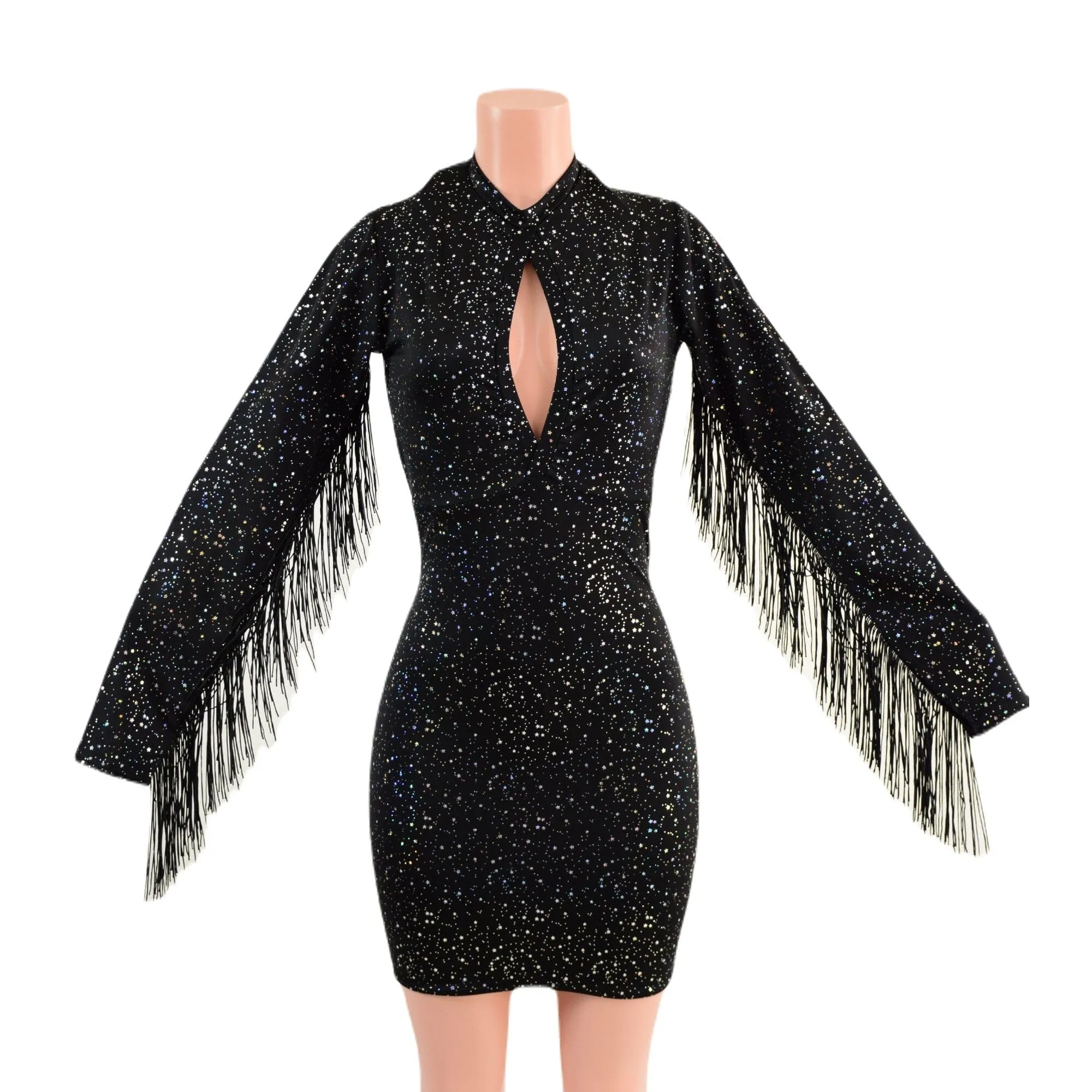 Star Noir Mini Dress with Fringed Sleeves, Keyhole, and Back Zipper