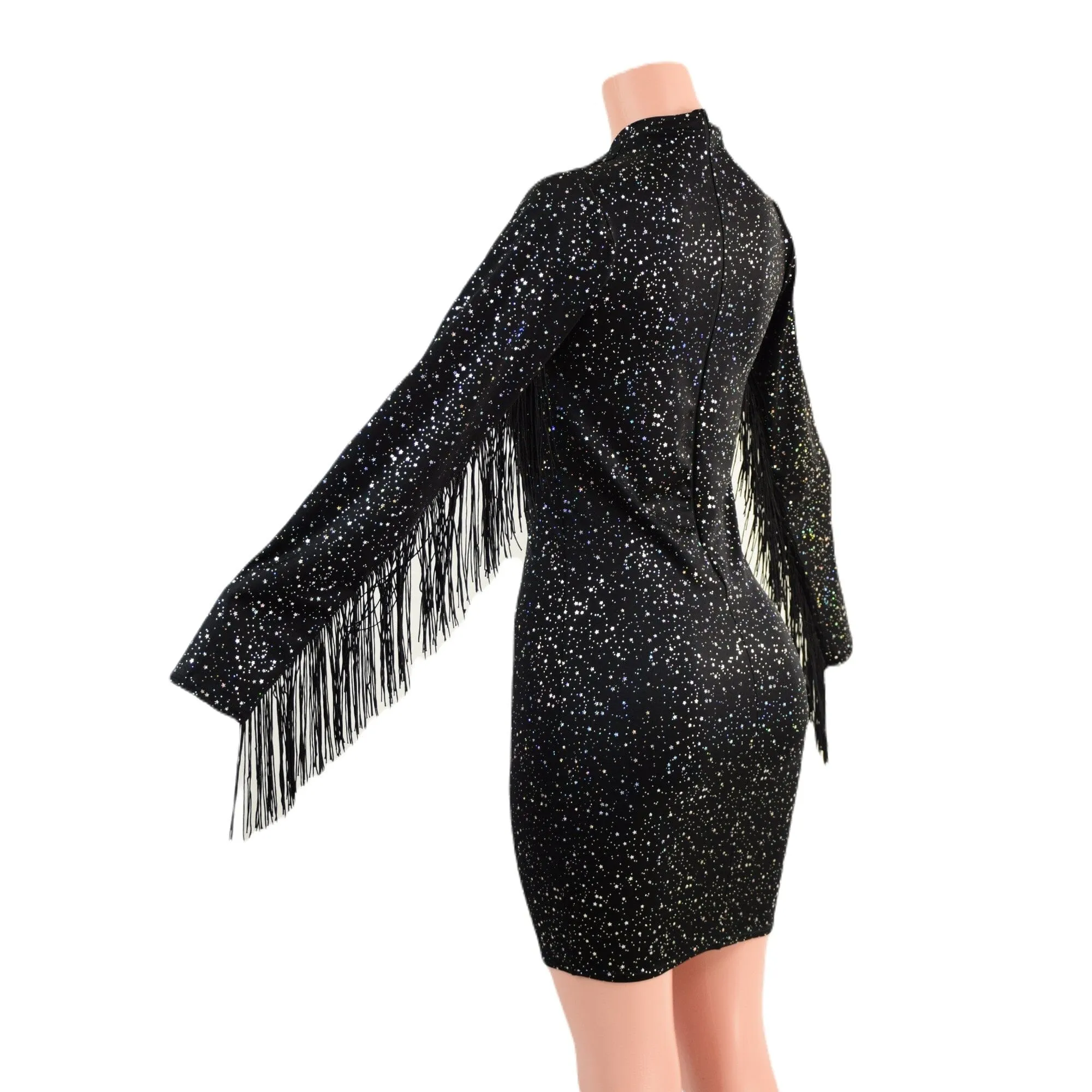 Star Noir Mini Dress with Fringed Sleeves, Keyhole, and Back Zipper