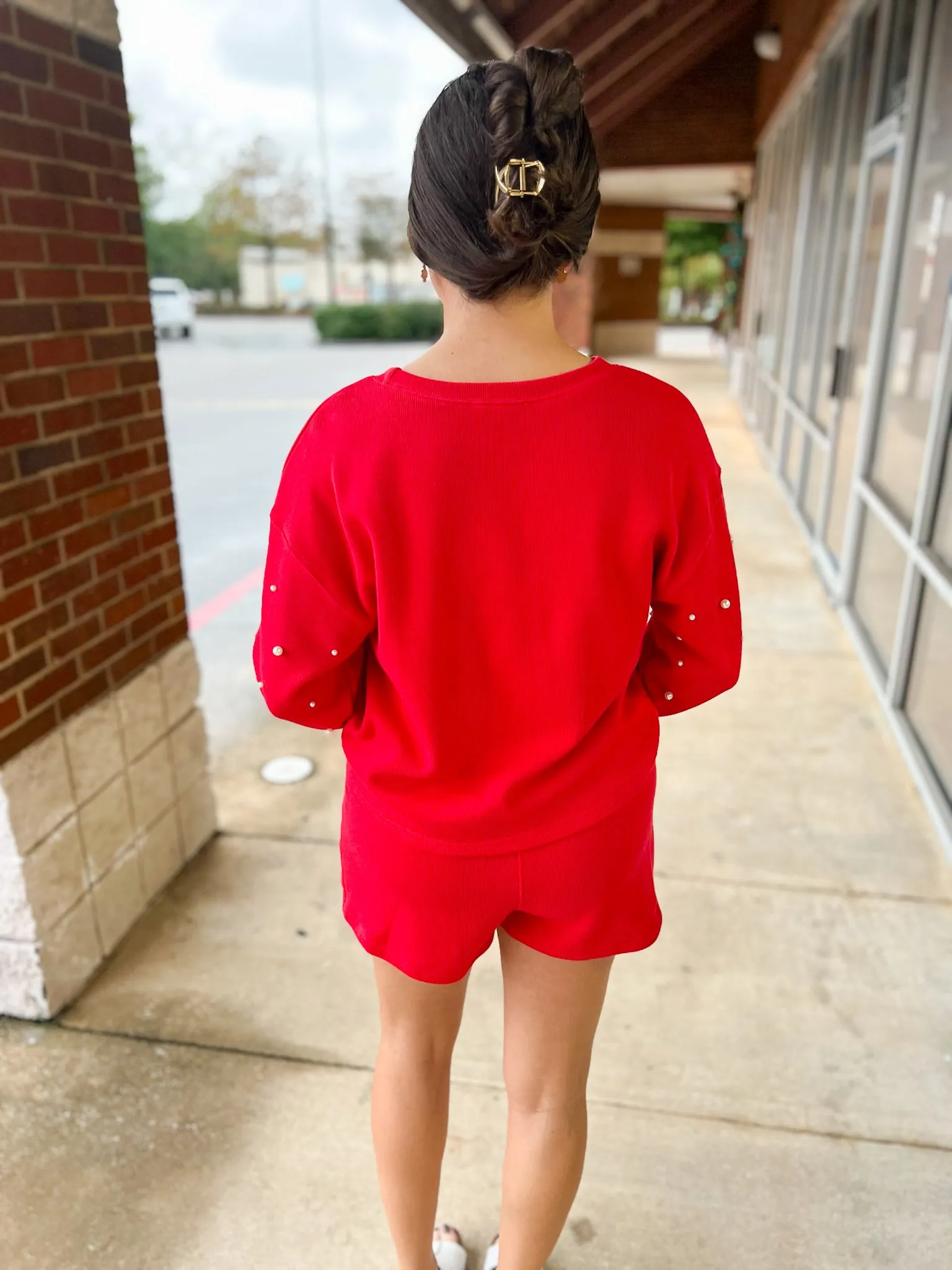 Talk To Me Red Knit Skort Set Pearl Embellishments