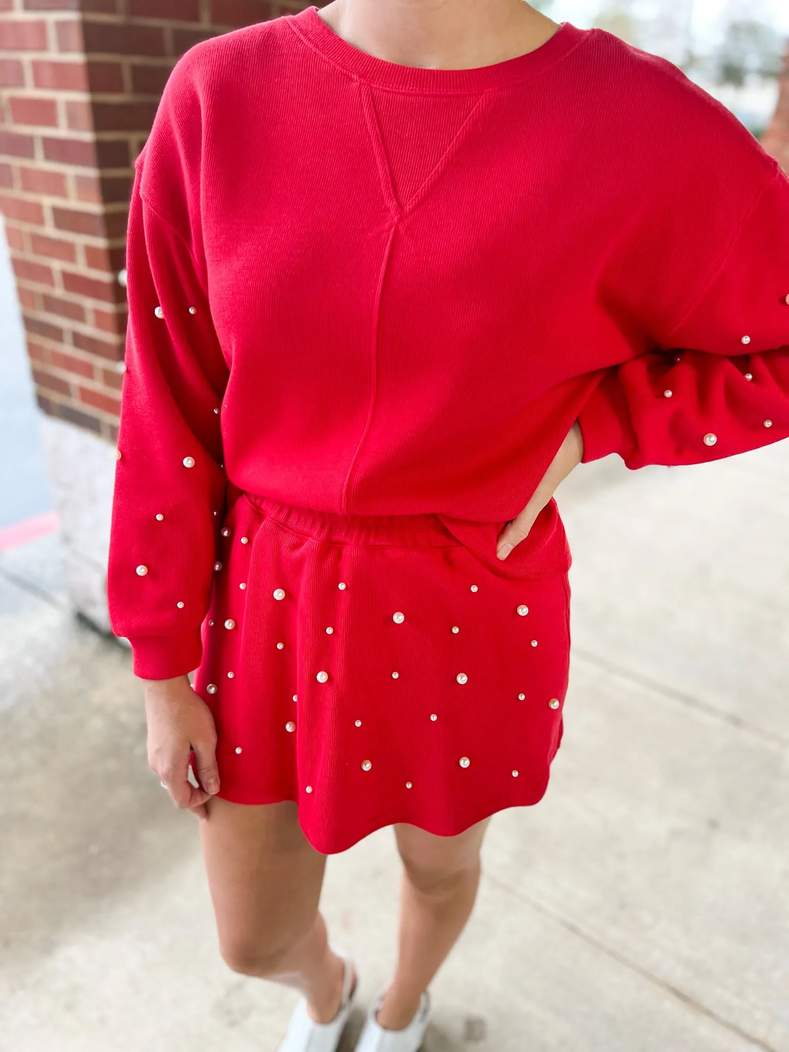 Talk To Me Red Knit Skort Set Pearl Embellishments