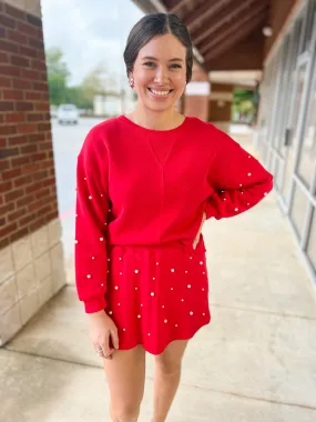 Talk To Me Red Knit Skort Set Pearl Embellishments