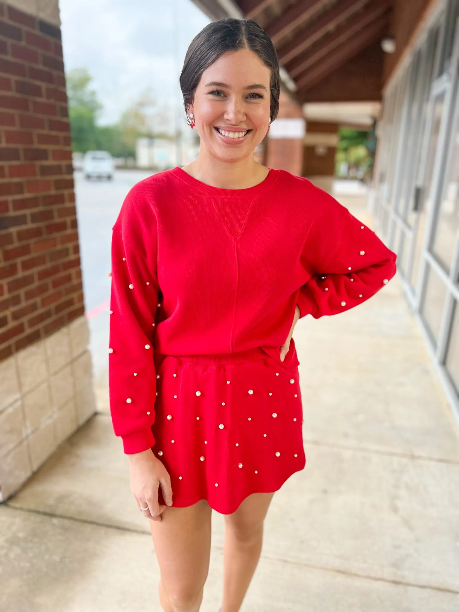 Talk To Me Red Knit Skort Set Pearl Embellishments