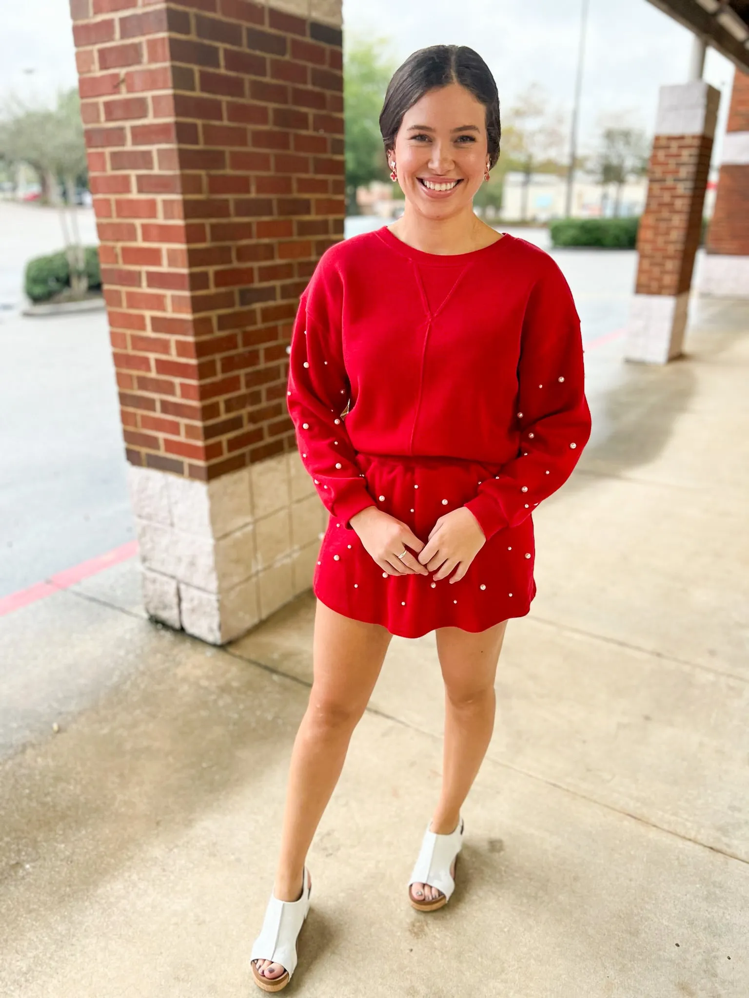 Talk To Me Red Knit Skort Set Pearl Embellishments