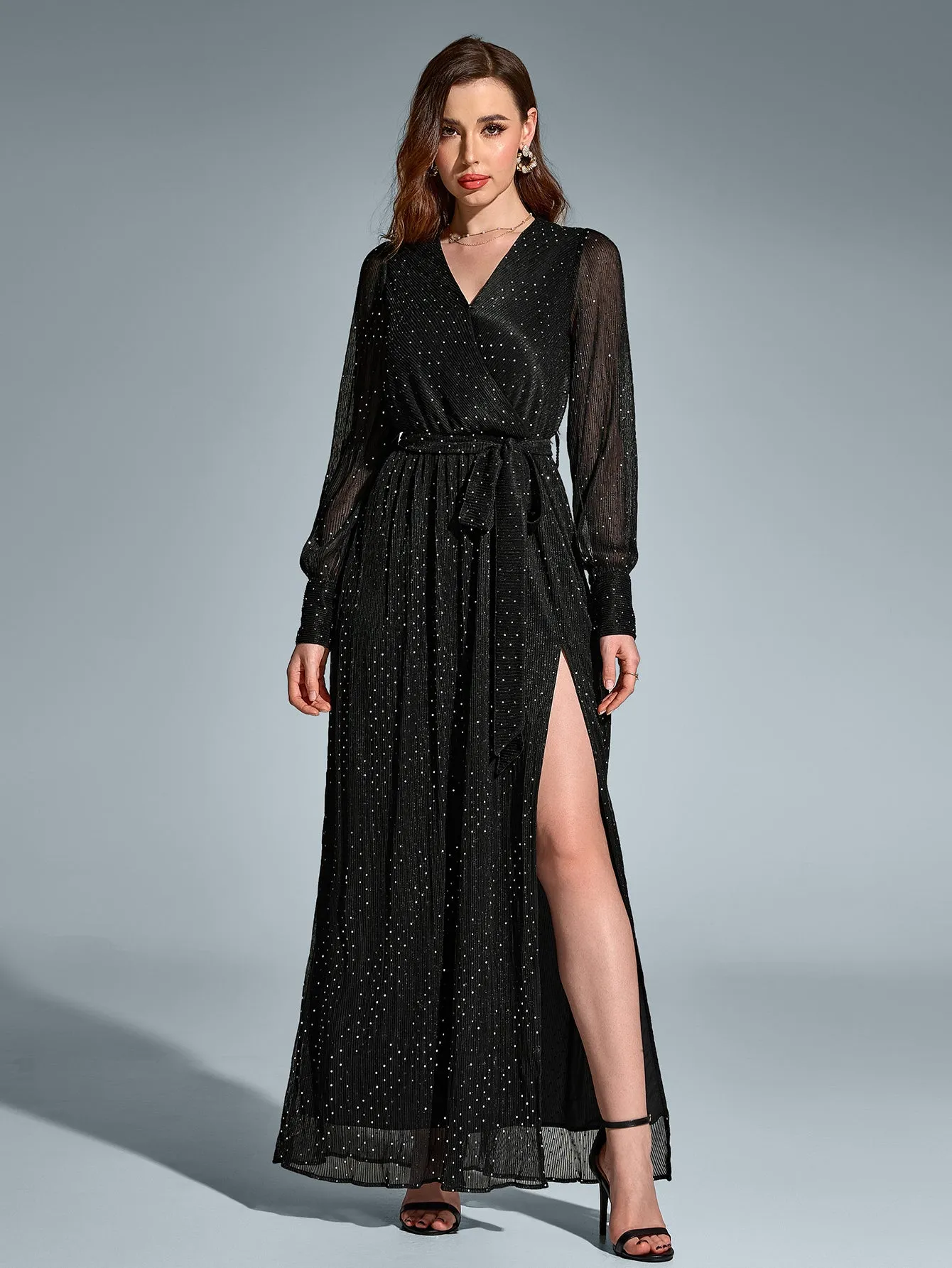 V-Neck Side Split Tie Round Dot Ruched Maxi Dress