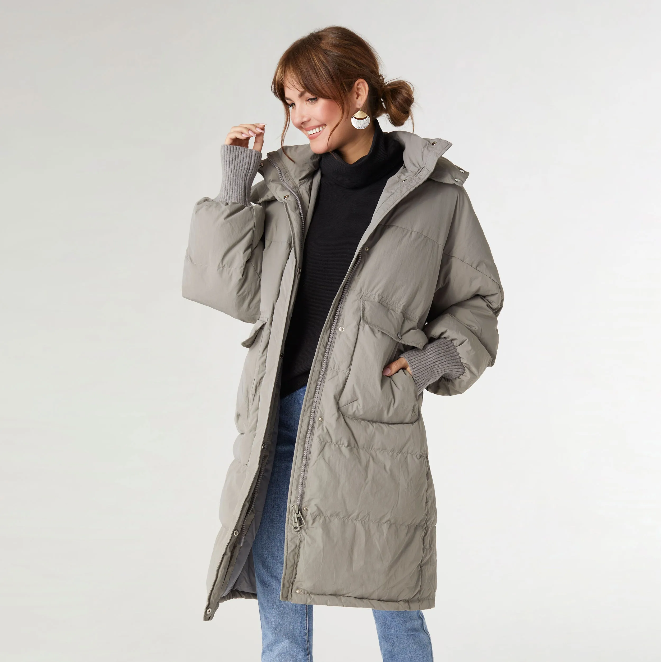 Vale Relaxed Down Puffer Jacket with Hood - Silver Sage - Final Sale