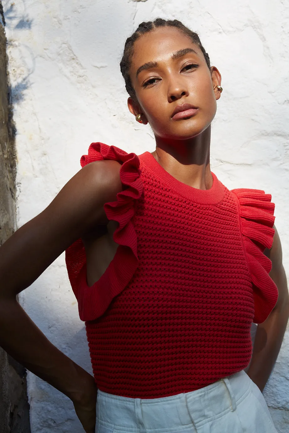 Viola Knit Ruffle Tank Red