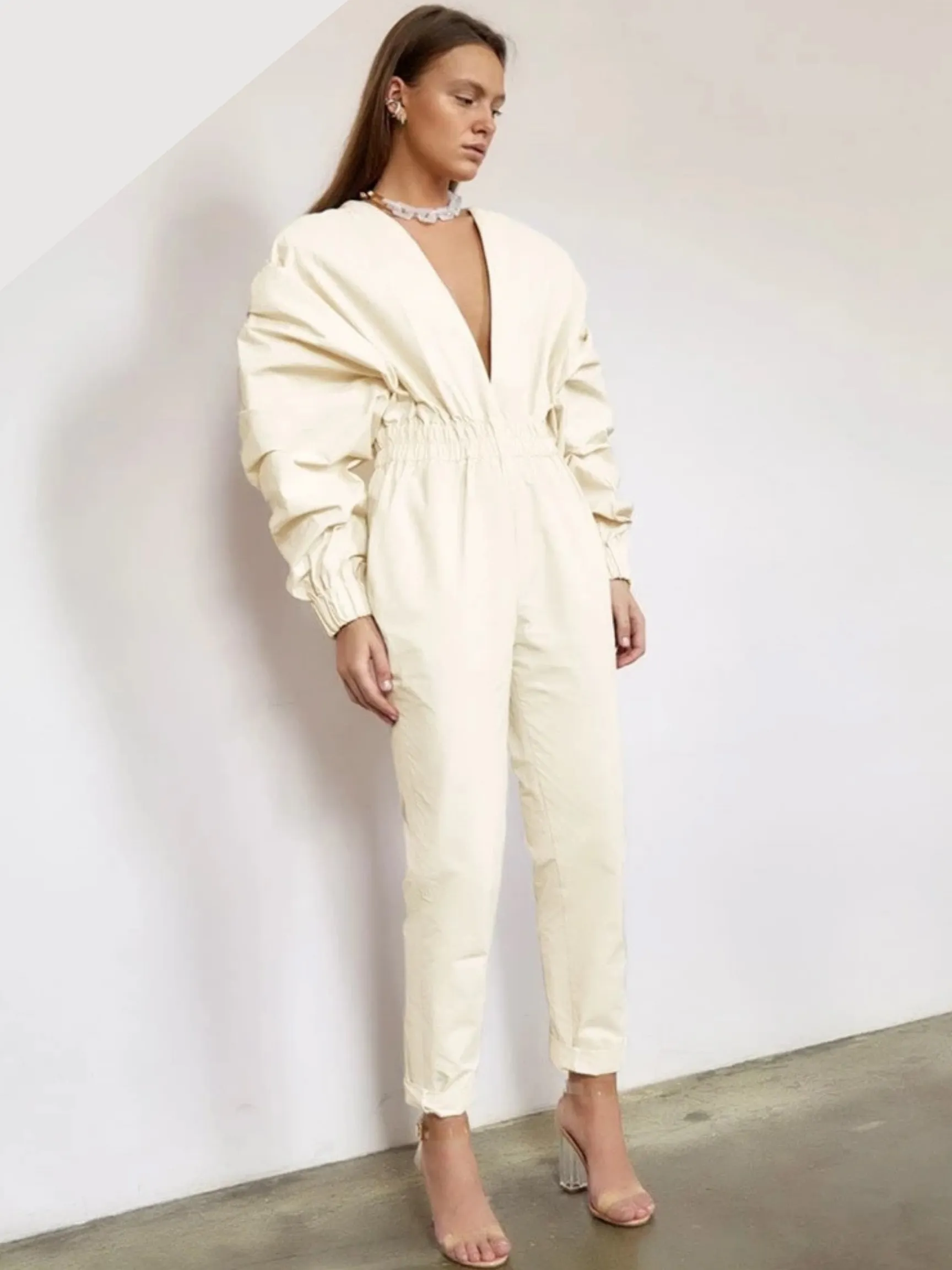 Waze Beige V-Neck Jumpsuit