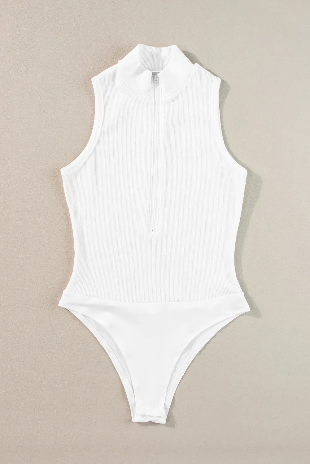 White Zip up Mock Neck Ribbed Sleeveless Bodysuit
