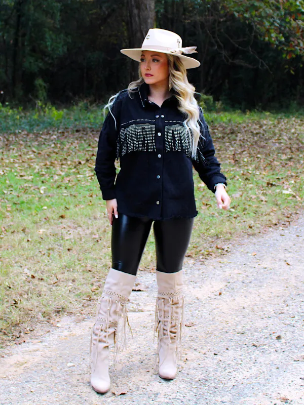 Wild Card Studded Fringe Denim Jacket, Black