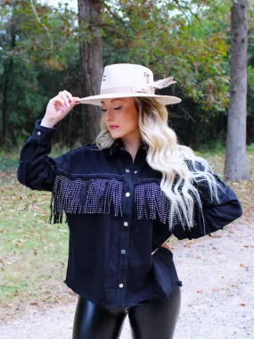 Wild Card Studded Fringe Denim Jacket, Black