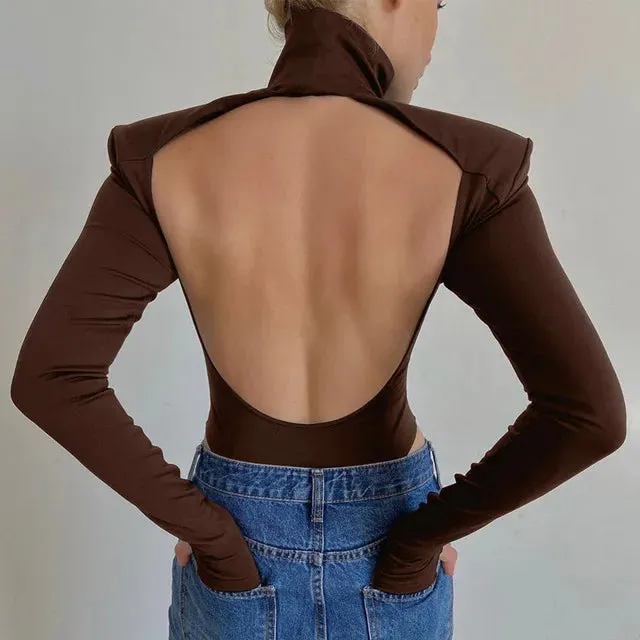Women Backless Long Sleeve Solid Slim Bodycon Bodysuit