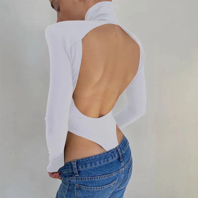 Women Backless Long Sleeve Solid Slim Bodycon Bodysuit