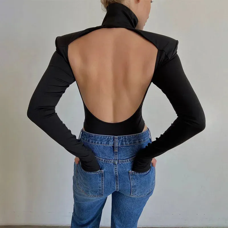 Women Backless Long Sleeve Solid Slim Bodycon Bodysuit