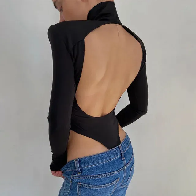 Women Backless Long Sleeve Solid Slim Bodycon Bodysuit
