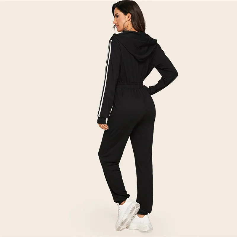 Women's Casual Hooded Striped High-Waist Fitness Bodysuit