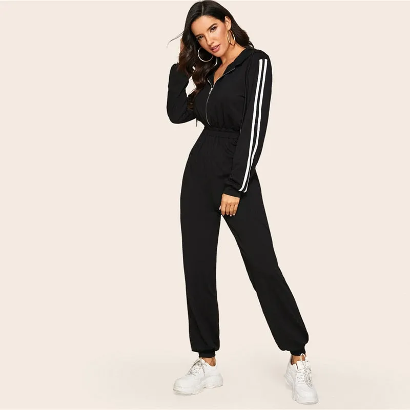 Women's Casual Hooded Striped High-Waist Fitness Bodysuit