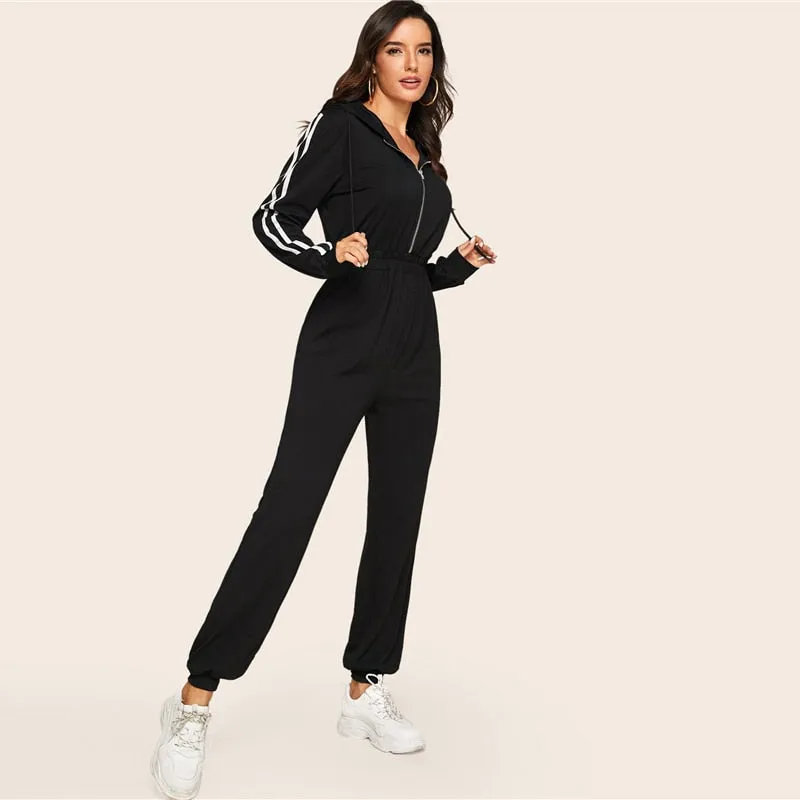 Women's Casual Hooded Striped High-Waist Fitness Bodysuit