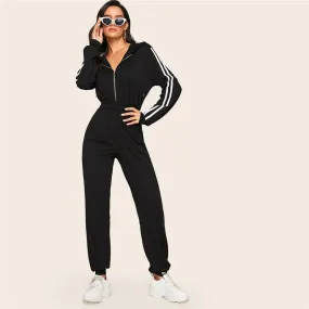 Women's Casual Hooded Striped High-Waist Fitness Bodysuit