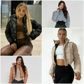 Women's Short Jacket Cropped Puffer Lightweight Long Sleeves Black Brown Coat