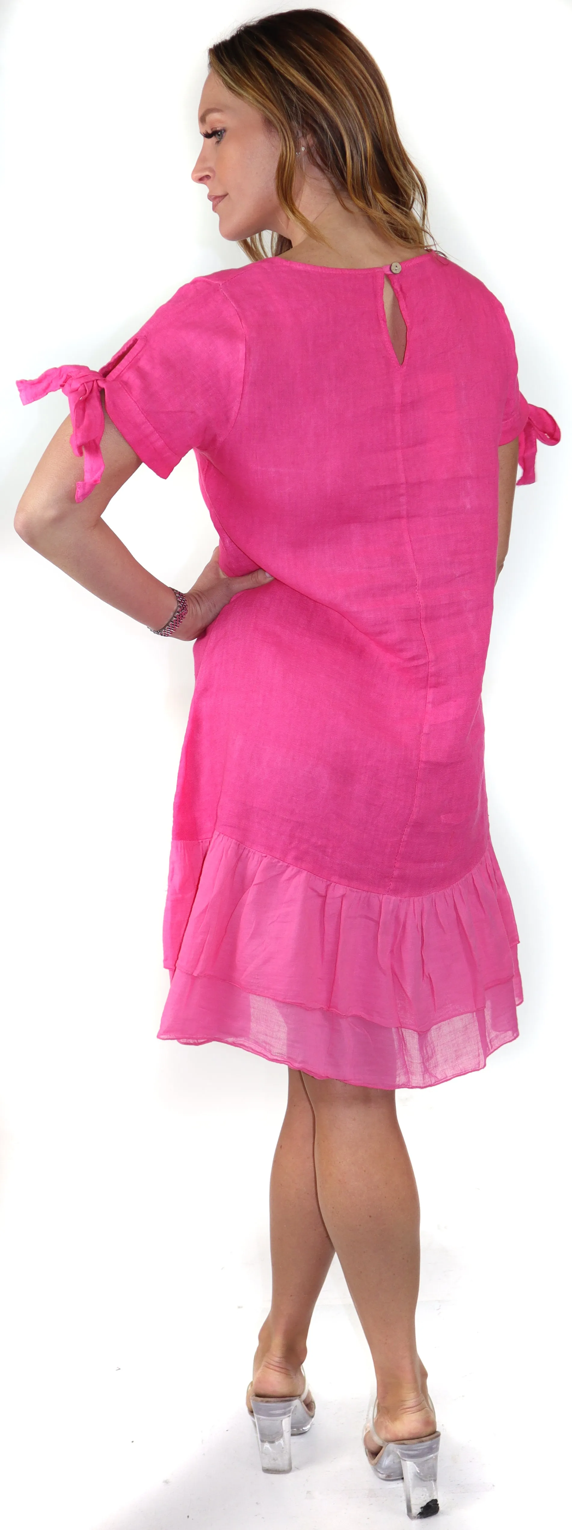 Women's Summer Dress with Bow tie Frills, Made in Italy, Regular and Plus Sizes, 100% Linen, Made in Italy