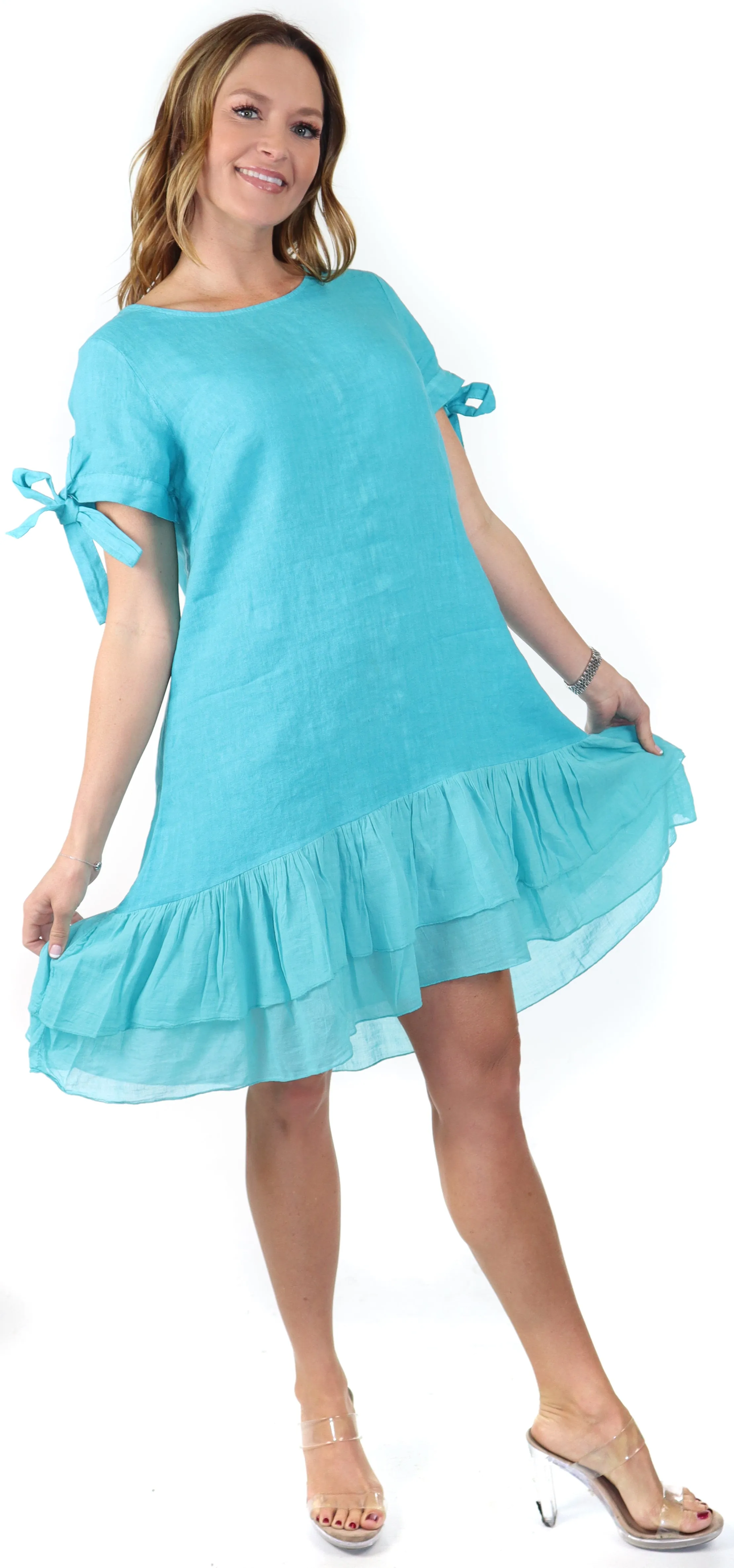 Women's Summer Dress with Bow tie Frills, Made in Italy, Regular and Plus Sizes, 100% Linen, Made in Italy