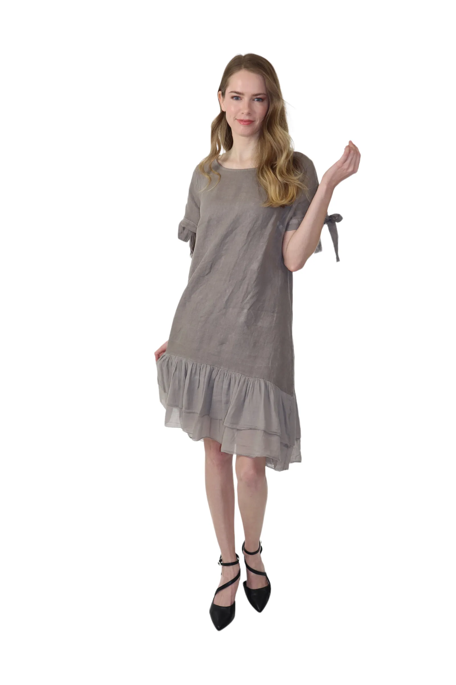 Women's Summer Dress with Bow tie Frills, Made in Italy, Regular and Plus Sizes, 100% Linen, Made in Italy