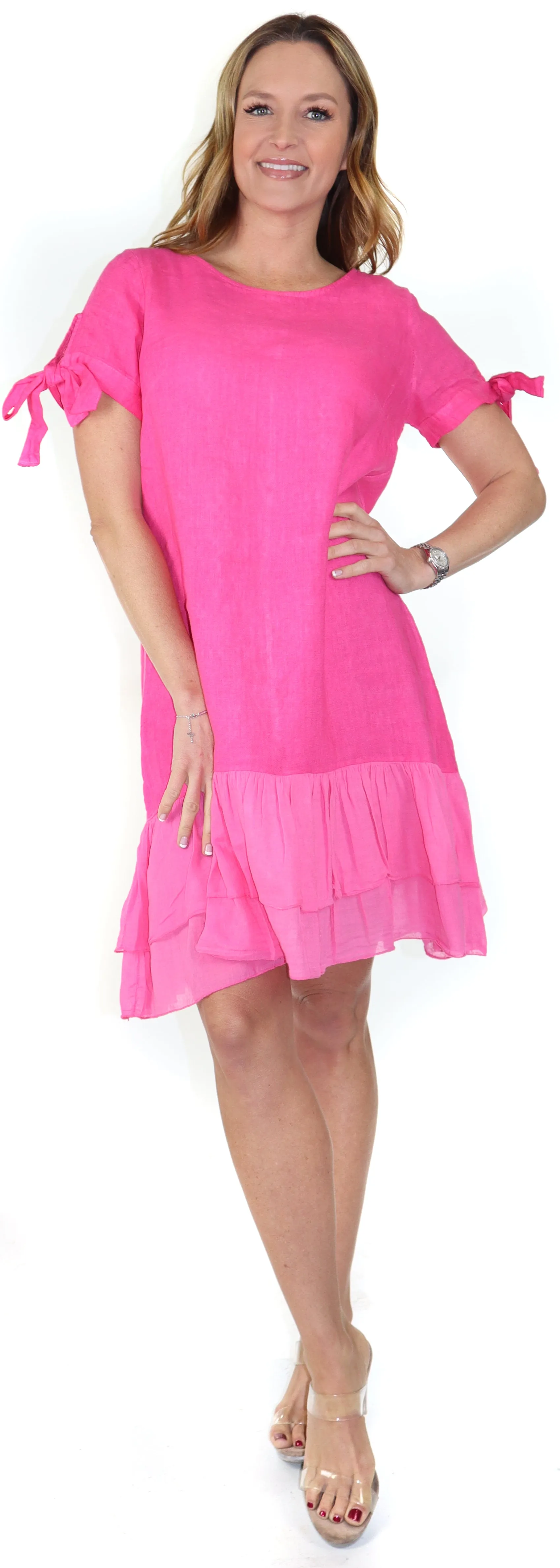 Women's Summer Dress with Bow tie Frills, Made in Italy, Regular and Plus Sizes, 100% Linen, Made in Italy