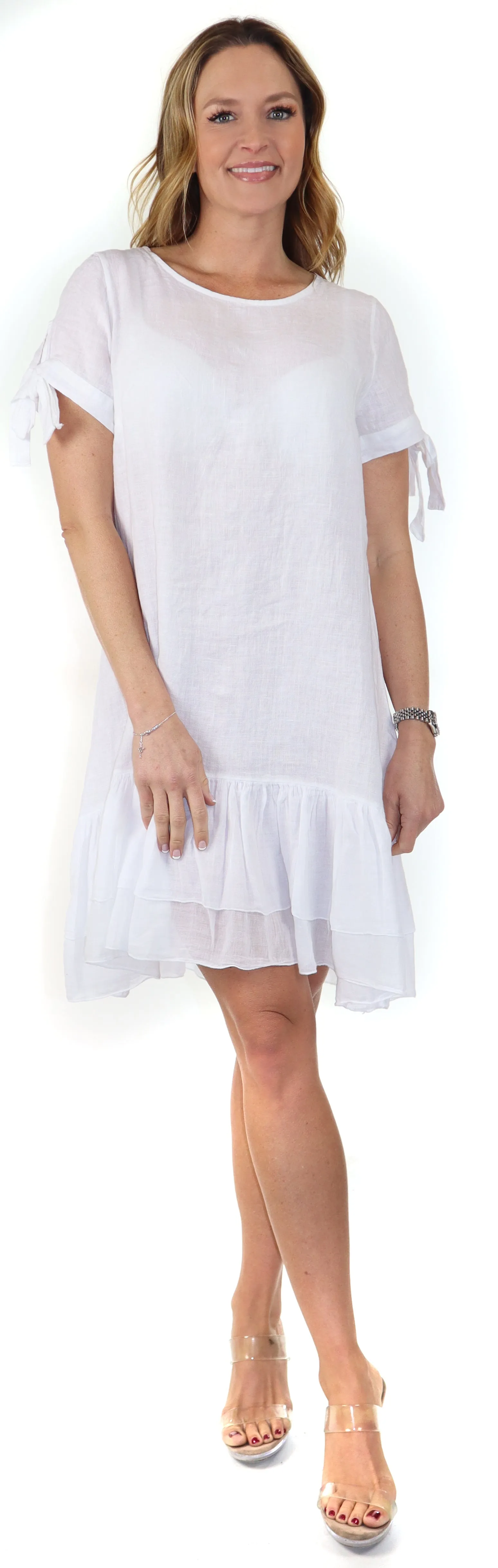 Women's Summer Dress with Bow tie Frills, Made in Italy, Regular and Plus Sizes, 100% Linen, Made in Italy
