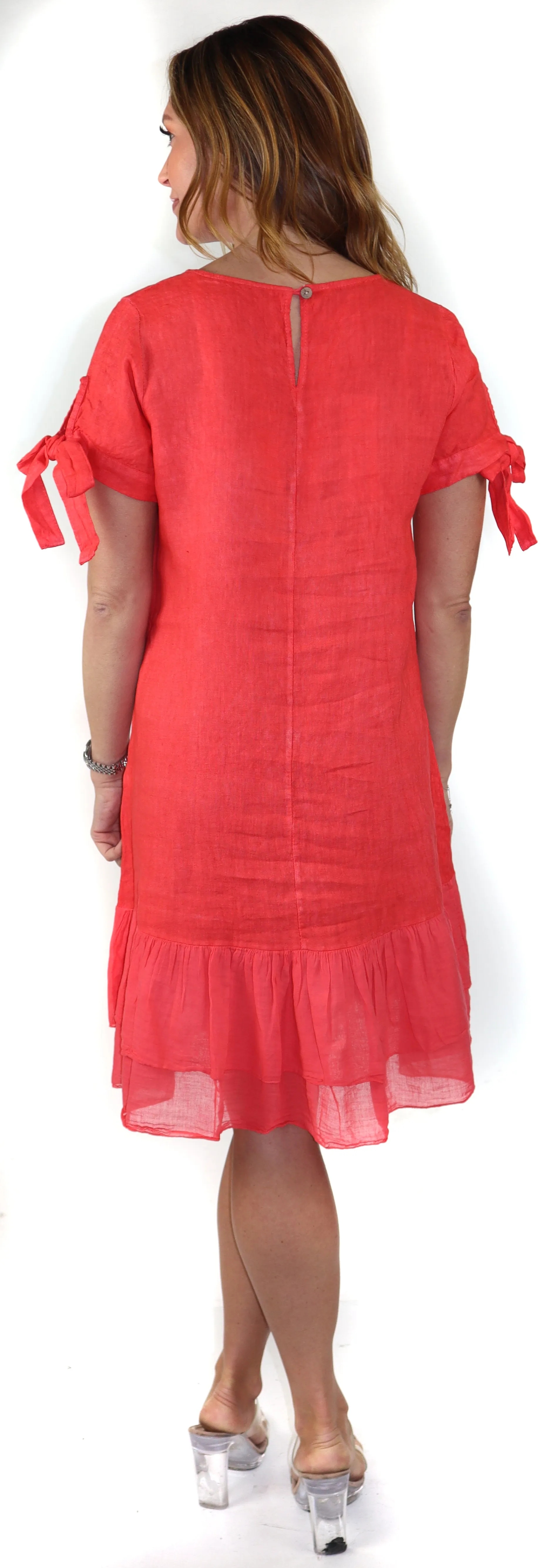 Women's Summer Dress with Bow tie Frills, Made in Italy, Regular and Plus Sizes, 100% Linen, Made in Italy