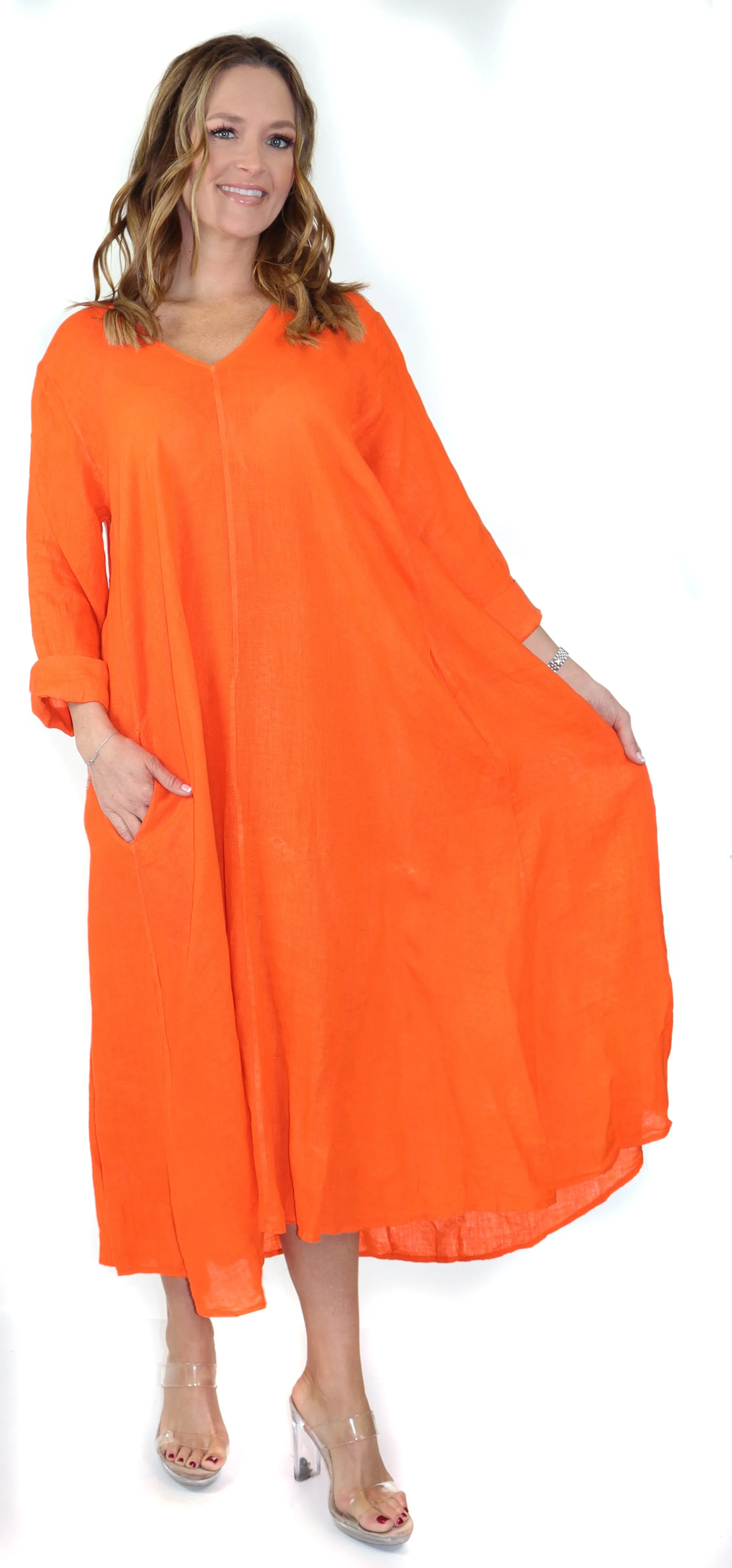 Womens Swing Maxi Dress, Loose Fitting, Made in Italy | Regular and Plus Sizes, 100% Linen