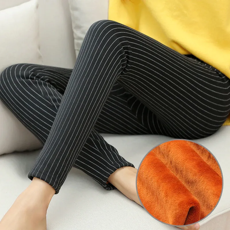 Women's Winter Casual High-Waist Striped Skinny Warm Leggings