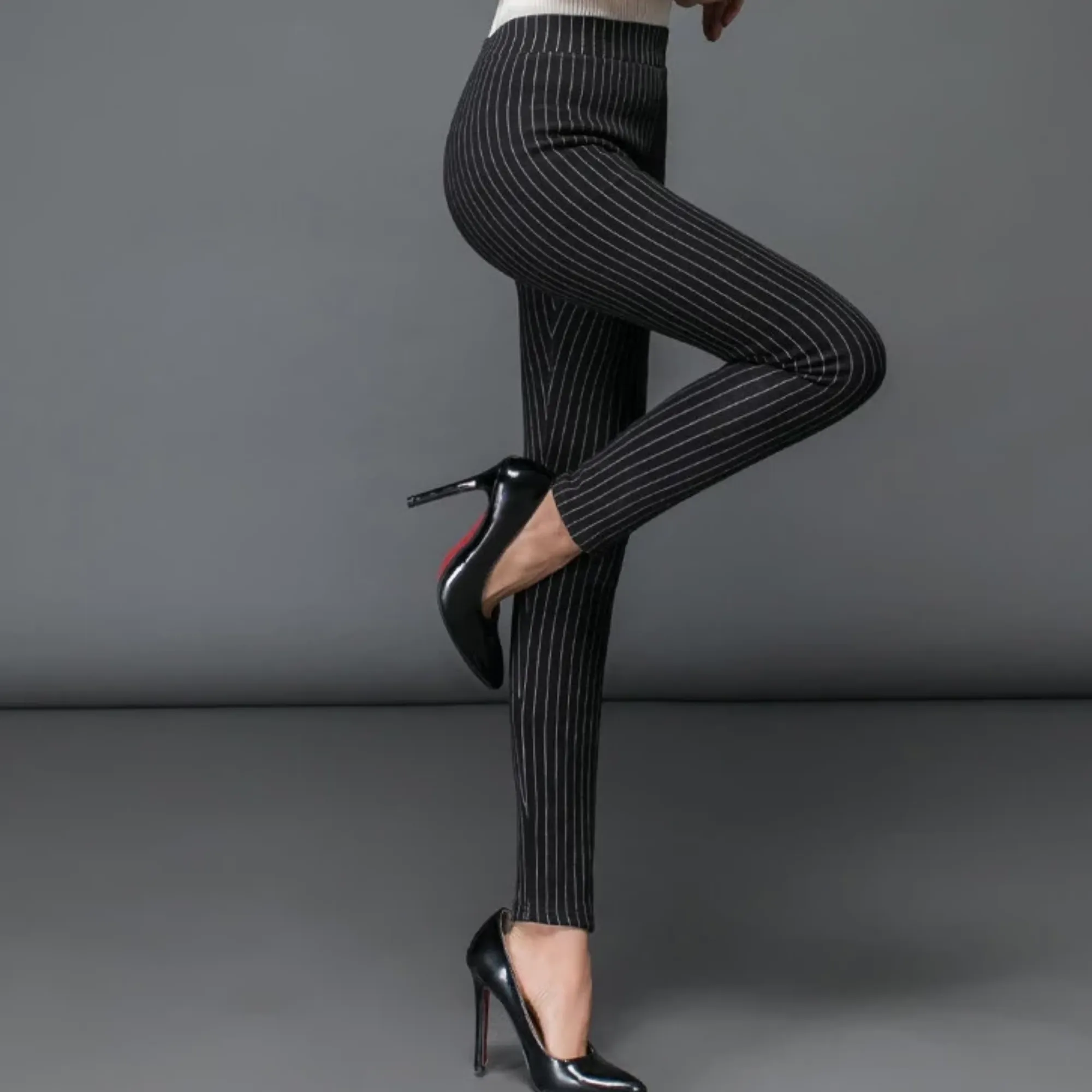 Women's Winter Casual High-Waist Striped Skinny Warm Leggings