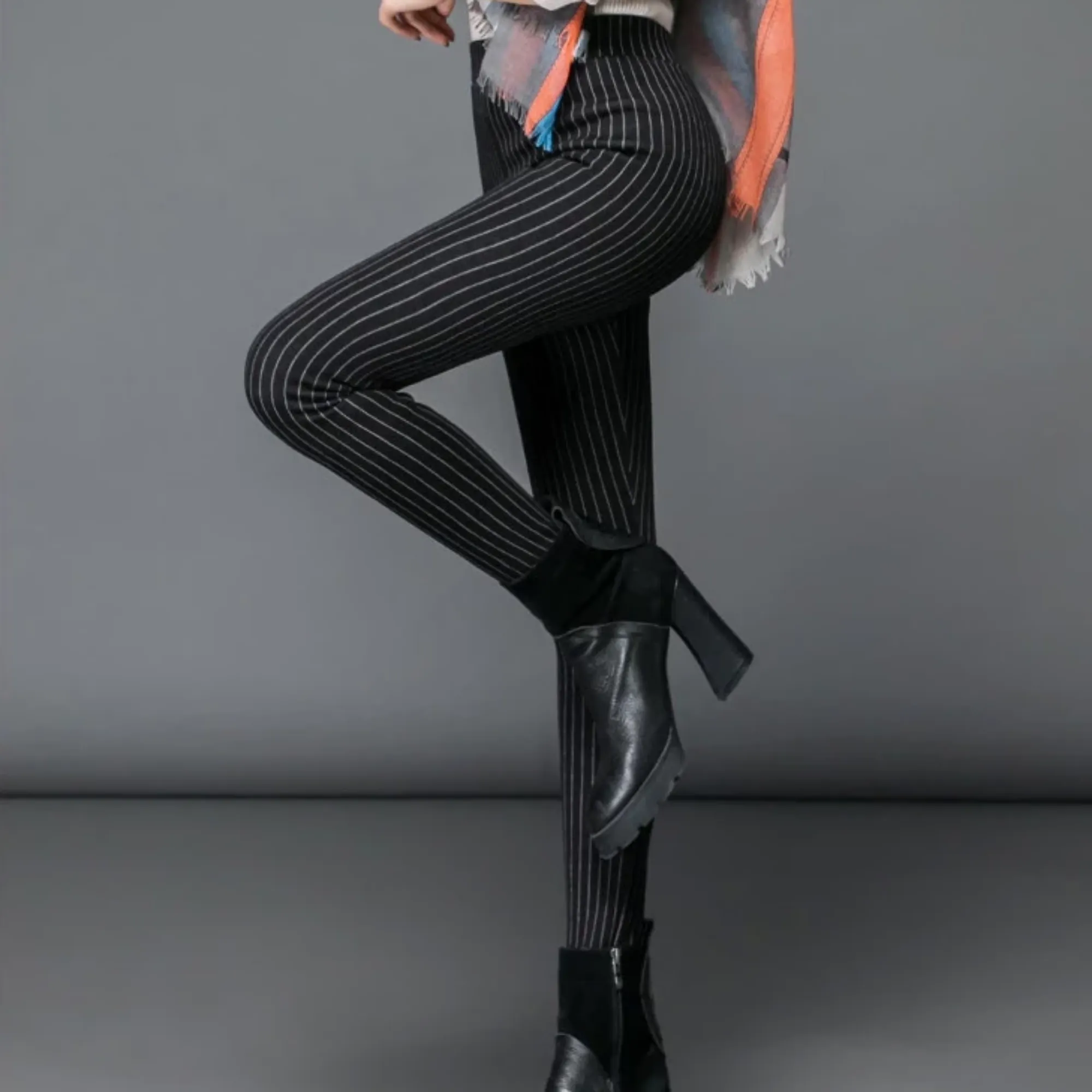 Women's Winter Casual High-Waist Striped Skinny Warm Leggings