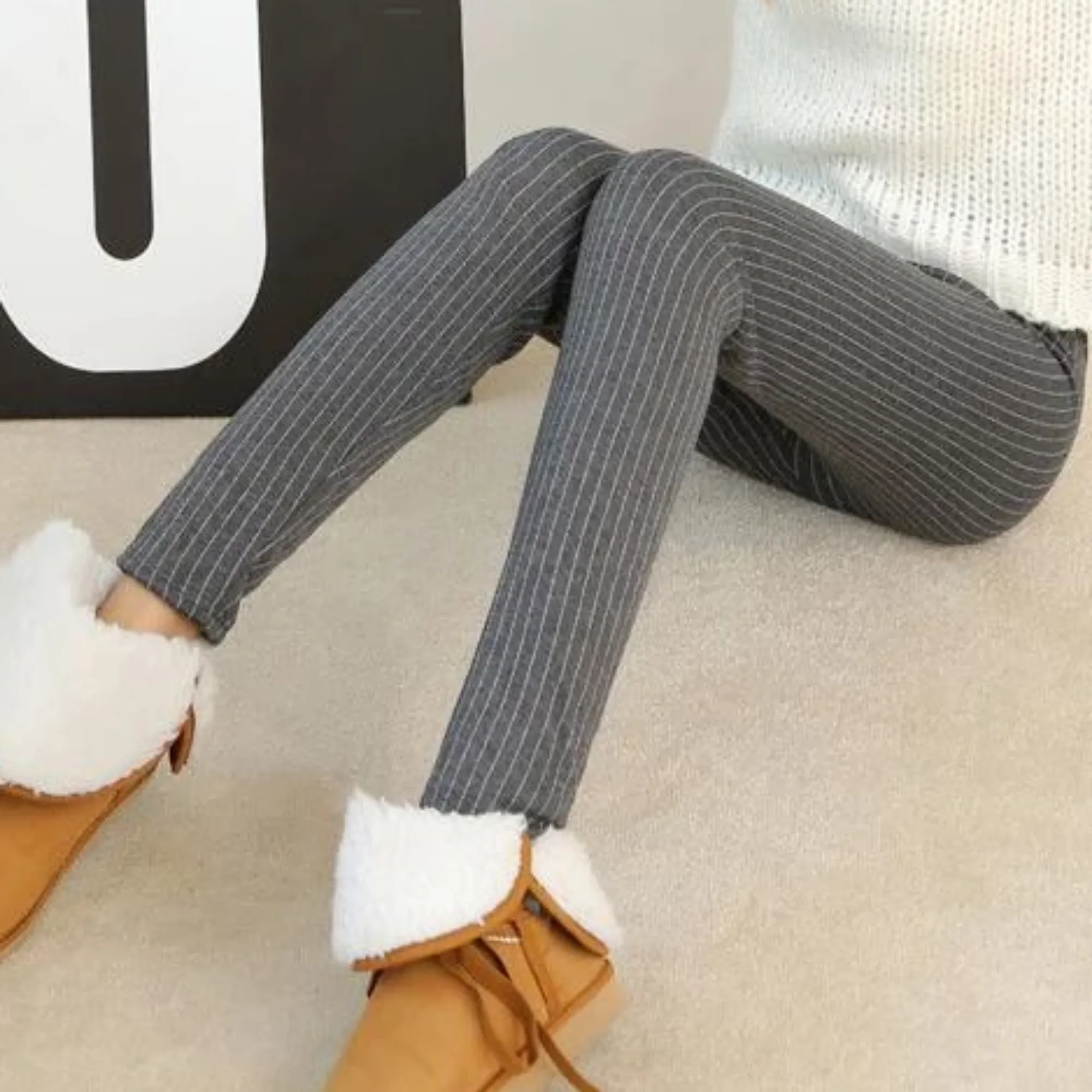 Women's Winter Casual High-Waist Striped Skinny Warm Leggings