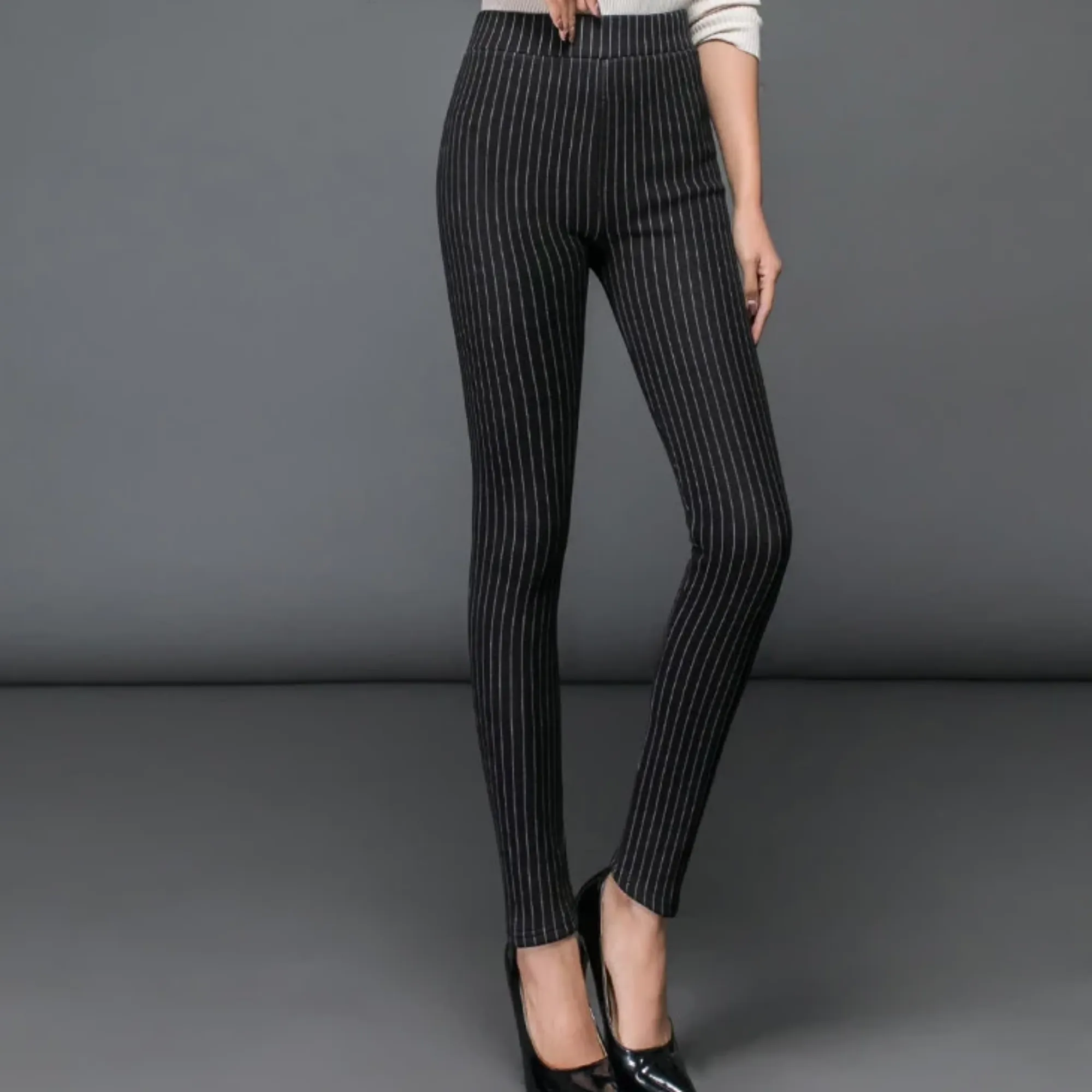 Women's Winter Casual High-Waist Striped Skinny Warm Leggings