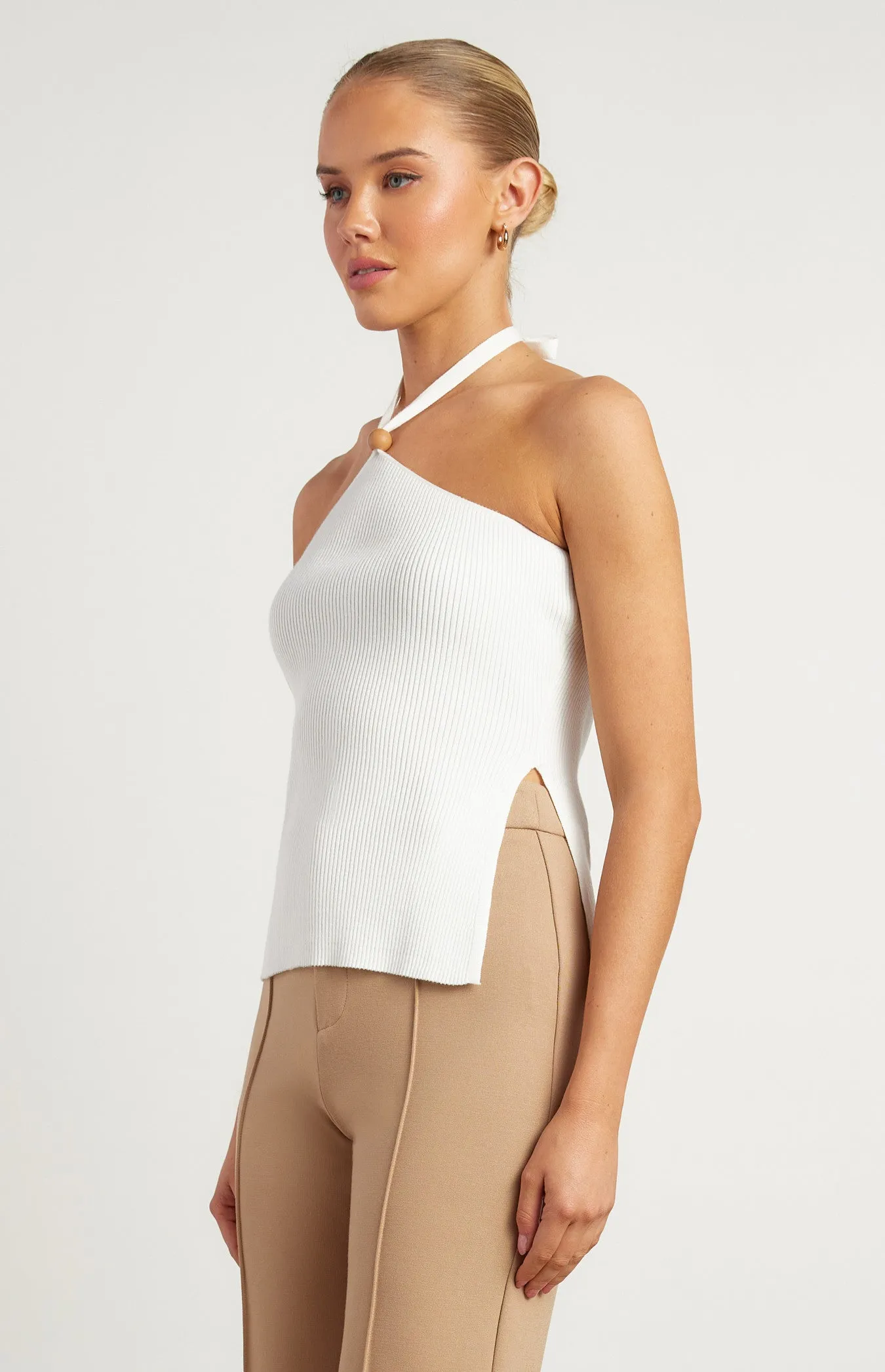 Wooden Bead Detail Halter Knit Top - White